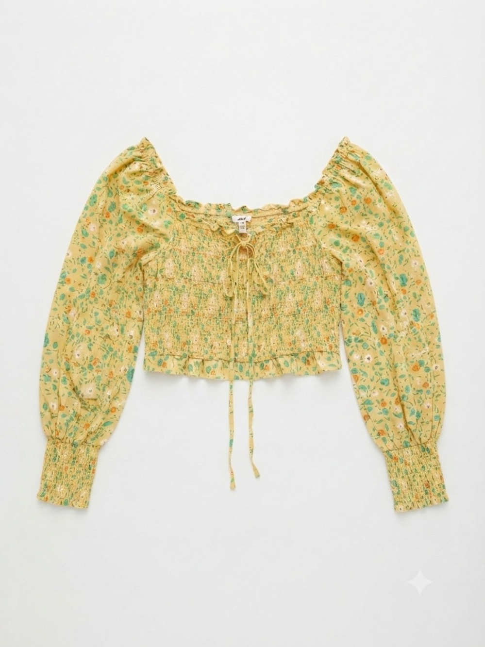 aerie Yellow Floral Smocked Peasant Top with Puff Sleeves